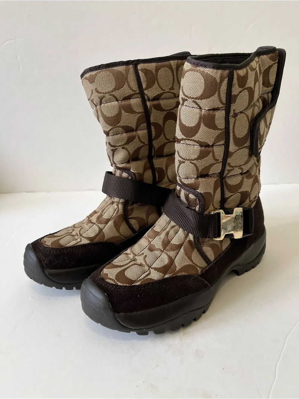 Coach Sharron  Brown/Tan Signature Quilted Logo Strap Boots size 6B